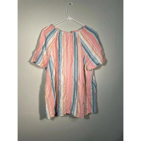 Lane Bryant Pink and Blue Striped Linen Blend Button Front Top - Picture 4 of 9